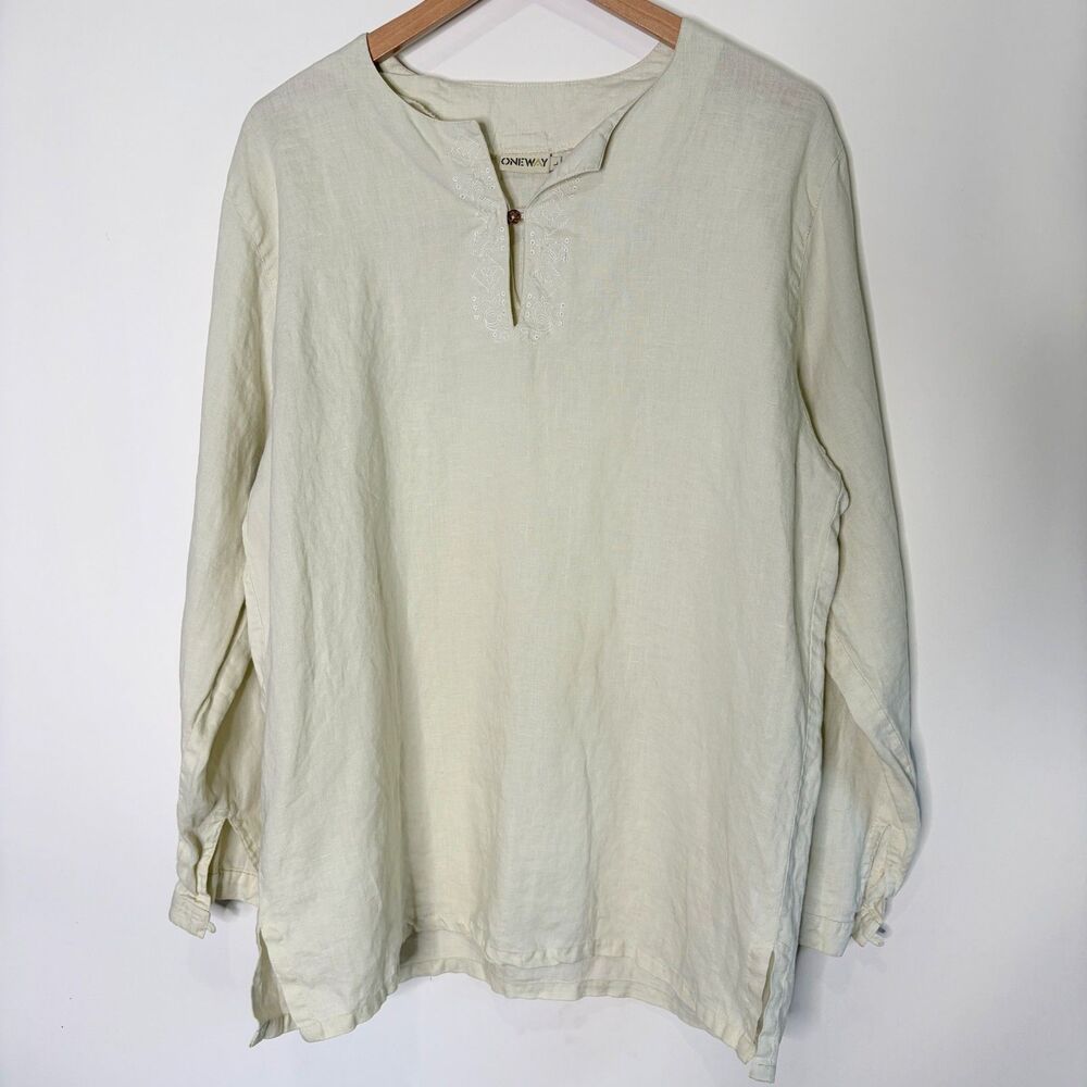 One Way Linen Top Ivory Embroidered Long Sleeve Boho Lagenlook Women Large